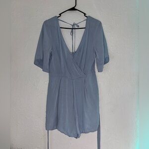 Trixxi Light Blue Swiss Dot V-Neck Tie-Back Romper